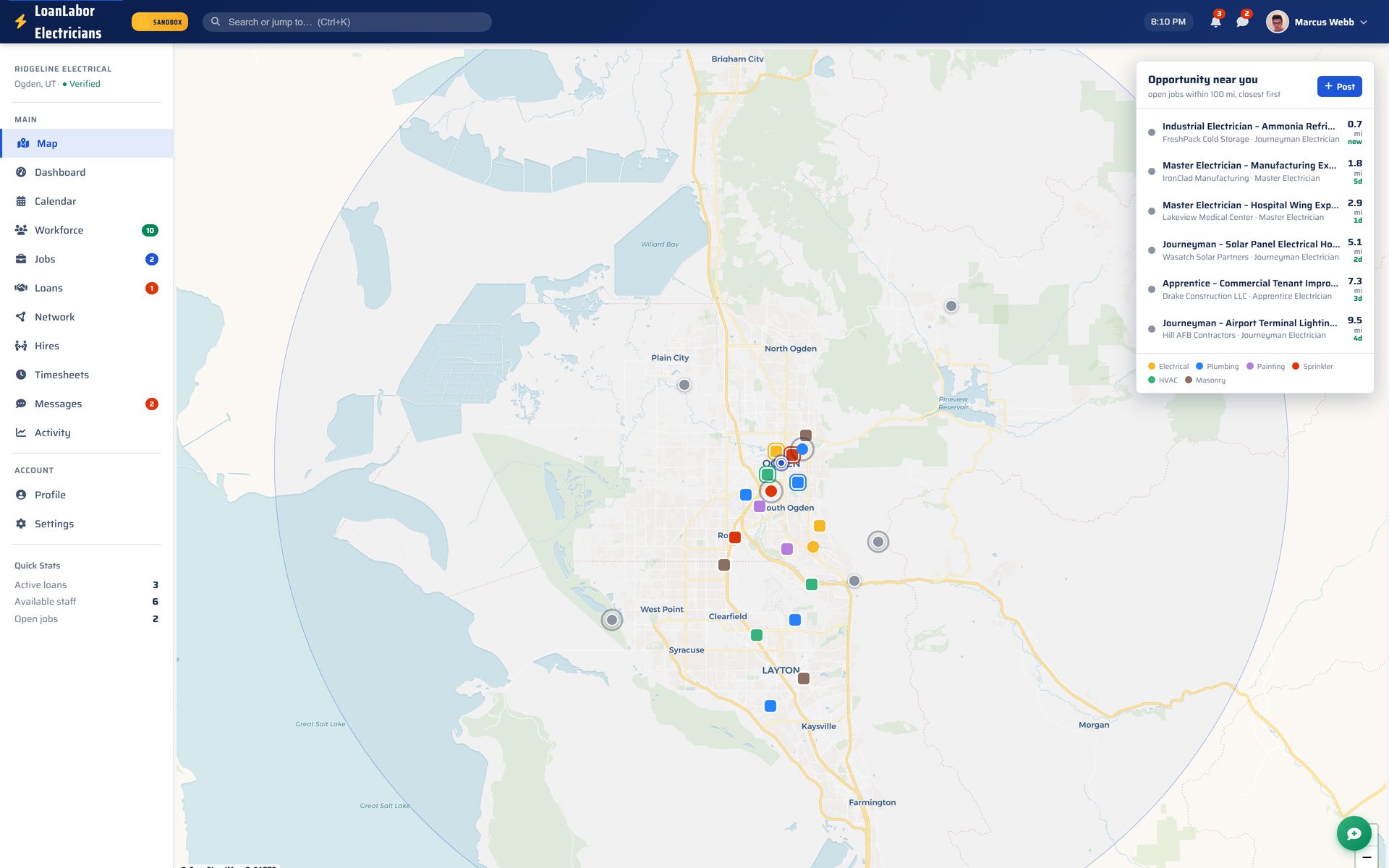 LoanLabor live map — open jobs and available crew around Ogden, Utah